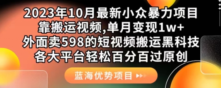 2023年10月最新小众暴力项目，靠搬运视频,单月变现1w+，外面卖598的短视频搬运黑科技，各大平台轻松百分百过原创-副业城