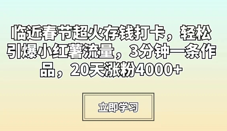 临近春节超火存钱打卡，轻松引爆小红薯流量，3分钟一条作品，20天涨粉4000+-副业城