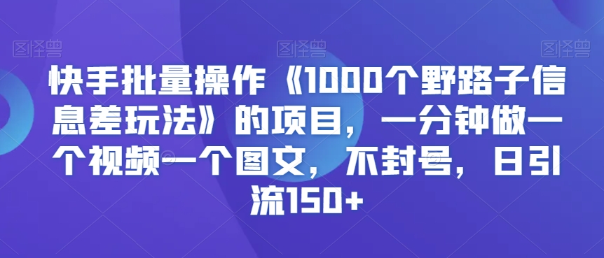 快手批量操作《1000个野路子信息差玩法》的项目，一分钟做一个视频一个图文，不封号，日引流150+-副业城