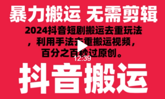 2024最新抖音搬运技术，抖音短剧视频去重，手法搬运，利用工具去重，达到秒过原创的效果-副业城