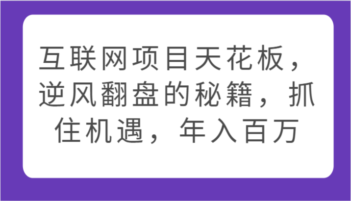 互联网项目天花板，逆风翻盘的秘籍，抓住机遇，年入百万-副业城