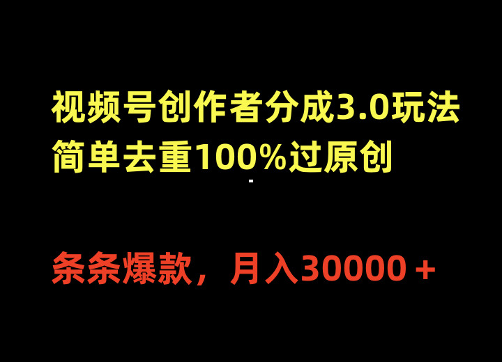 （10002期）视频号创作者分成3.0玩法，简单去重100%过原创，条条爆款，月入30000＋-副业城