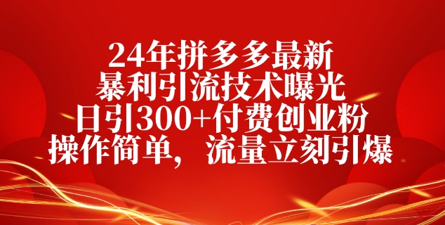 24年拼多多最新暴利引流技术曝光，日引300+付费创业粉，操作简单，流量立刻引爆-副业城