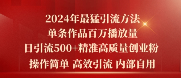 2024年最猛暴力引流方法，单条作品百万播放 单日引流500+高质量精准创业粉-副业城