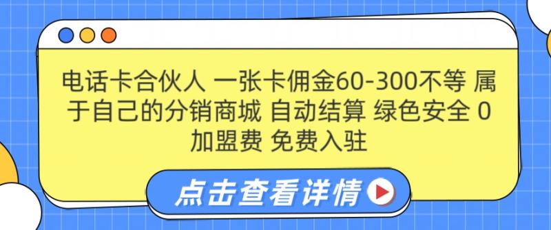 电话卡合伙人，一张卡佣金60-300不等，0加盟费， 搭建属于自己的分销商城，自动结算-副业城