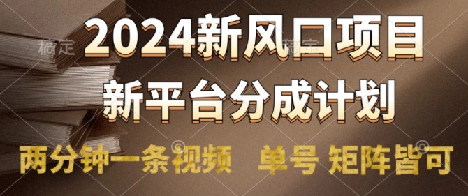 2024风口项目，新平台分成计划，两分钟一条视频，单号 矩阵皆可操作轻松上手月入9000+-副业城