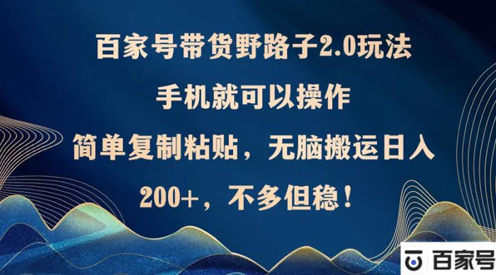 （12804期）百家号带货野路子2.0玩法，手机就可以操作，简单复制粘贴，无脑搬运日入200+，不多但稳！-副业城