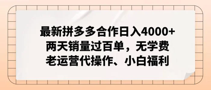 （12869期）拼多多最新合作日入4000+两天销量过百单，无学费、老运营代操作、小白福利-副业城