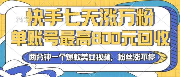 （13158期）2024年快手七天涨万粉，但账号最高800元回收。两分钟一个爆款美女视频-副业城