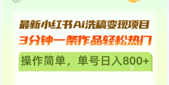 （13182期）最新小红书Ai洗稿变现项目 3分钟一条作品轻松热门 操作简单，单号日入800+-副业城