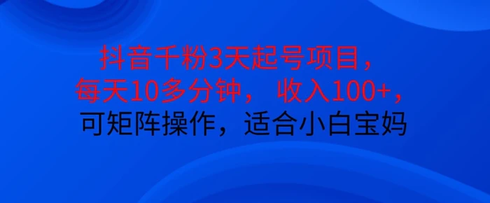 抖音干粉3天起号项目，每天10多分钟，收入100+，可矩阵操作，适合小白宝妈-副业城