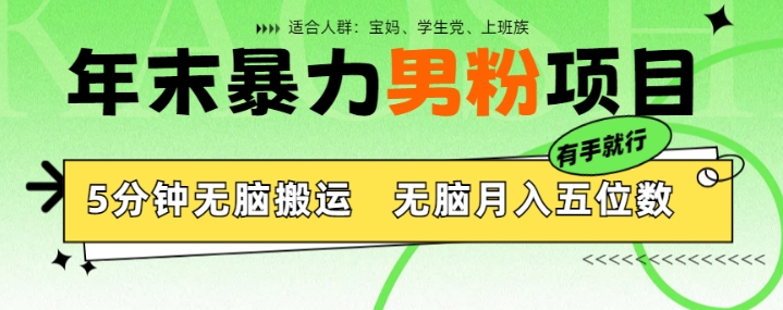 年末暴力男粉项目，5分钟无脑搬运，无脑月入五位数，举一反三，放大收益-副业城