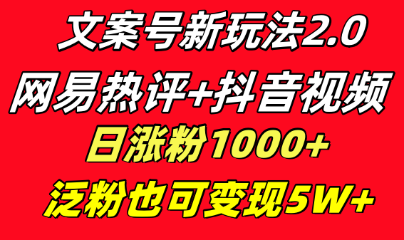 （8484期）文案号新玩法 网易热评+抖音文案 一天涨粉1000+ 多种变现模式 泛粉也可变现-副业网