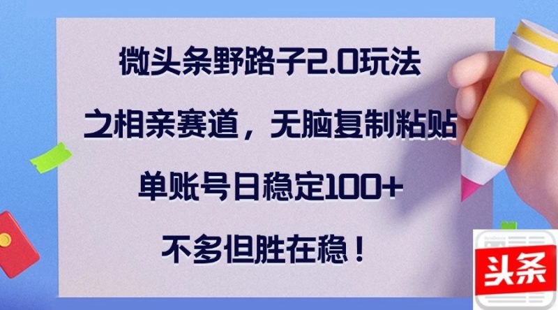 （12763期）微头条野路子2.0玩法之相亲赛道，无脑复制粘贴，单账号日稳定100+，不…-副业网
