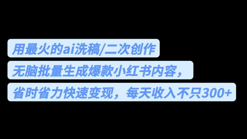 用最火的ai洗稿，无脑批量生成爆款小红书内容，省时省力，每天收入不只300+-副业网