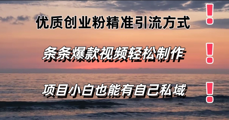 优质创业粉精准引流方式，条条视频爆款，小白也能轻松拥有自己的私域-副业网