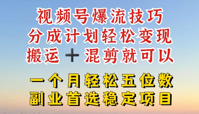 视频号爆流技巧，分成计划轻松变现，搬运 +混剪就可以，一个月轻松五位数稳定项目【揭秘】-副业网
