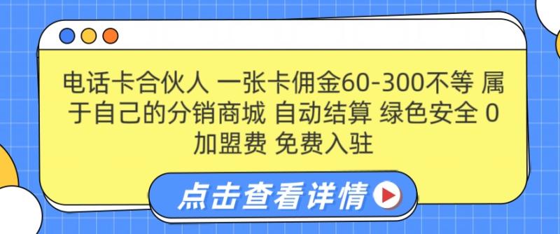 电话卡合伙人，一张卡佣金60-300不等，0加盟费， 搭建属于自己的分销商城，自动结算-副业网