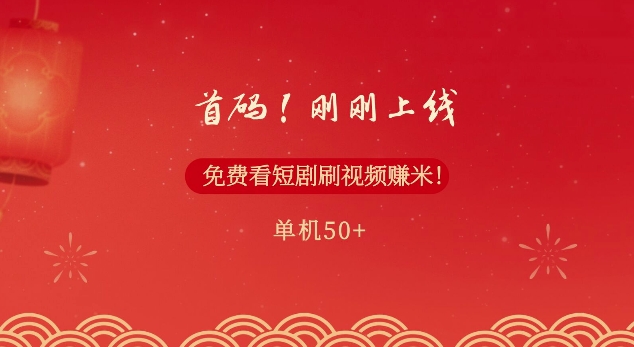 首码，刚刚上线，免费看短剧刷视频赚米，单机50+-副业网