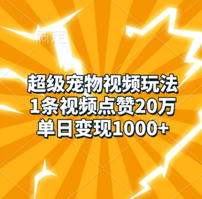 超级宠物视频玩法,1条视频点赞20万,单日变现1k-副业网