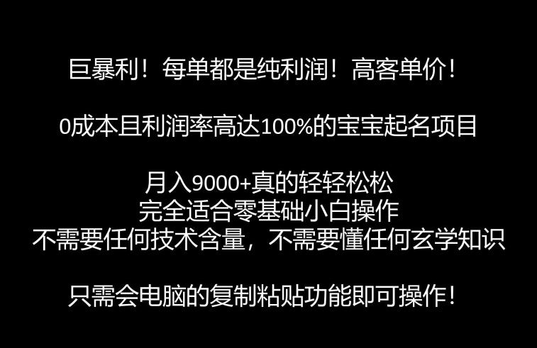 巨暴利，月入9000+的宝宝起名项目，每单都是纯利润，零基础都能躺赚【附软件+视频教程】-副业网