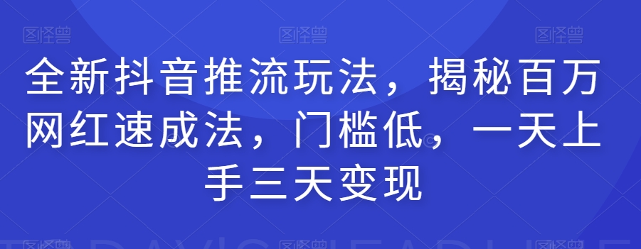 全新抖音推流玩法，揭秘百万网红速成法，门槛低，一天上手三天变现-副业网