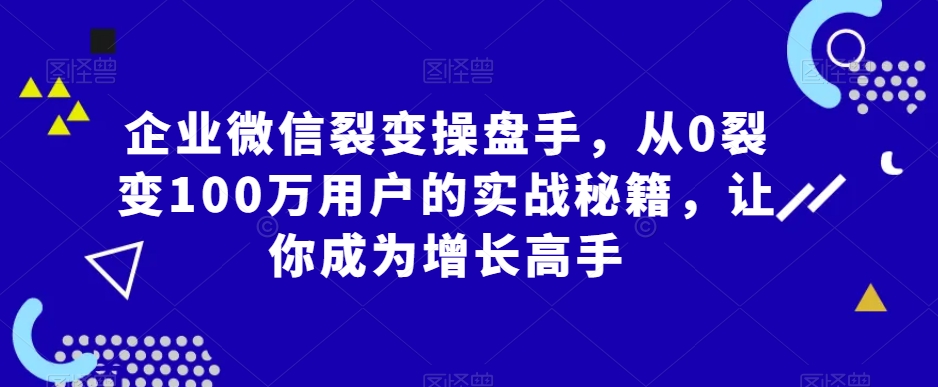企业微信裂变操盘手，从0裂变100万用户的实战秘籍，让你成为增长高手-副业网