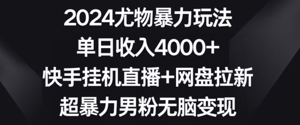 2024尤物暴力玩法，单日收入4000+，快手挂机直播+网盘拉新，超暴力男粉无脑变现-副业网