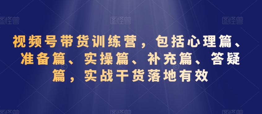 视频号带货训练营，包括心理篇、准备篇、实操篇、补充篇、答疑篇，实战干货落地有效-副业网