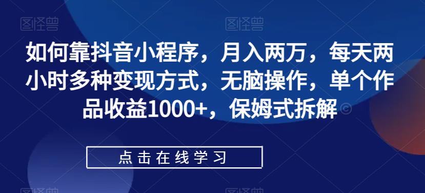 如何靠抖音小程序，月入两万，每天两小时多种变现方式，无脑操作，单个作品收益1000+，保姆式拆解-副业网