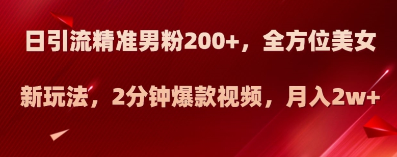 日引流精准男粉200+，全方位美女新玩法，2分钟爆款视频，月入2w+【揭秘】-副业网