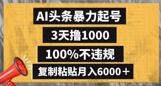 AI头条暴力起号，3天撸1000,100%不违规，复制粘贴月入6000＋【揭秘】-副业网