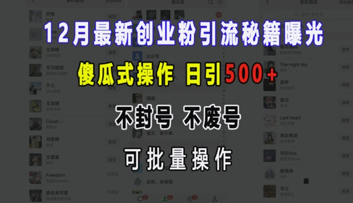 12月最新创业粉引流秘籍曝光 傻瓜式操作 日引500+ 不封号 不废号 可批量操作-副业城
