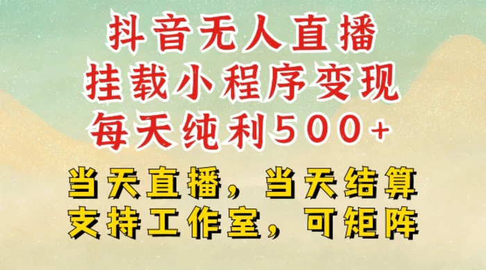 抖音无人直播挂载小程序变现每天纯利500+当天直播，当天结算支持工作室，可矩阵-副业网