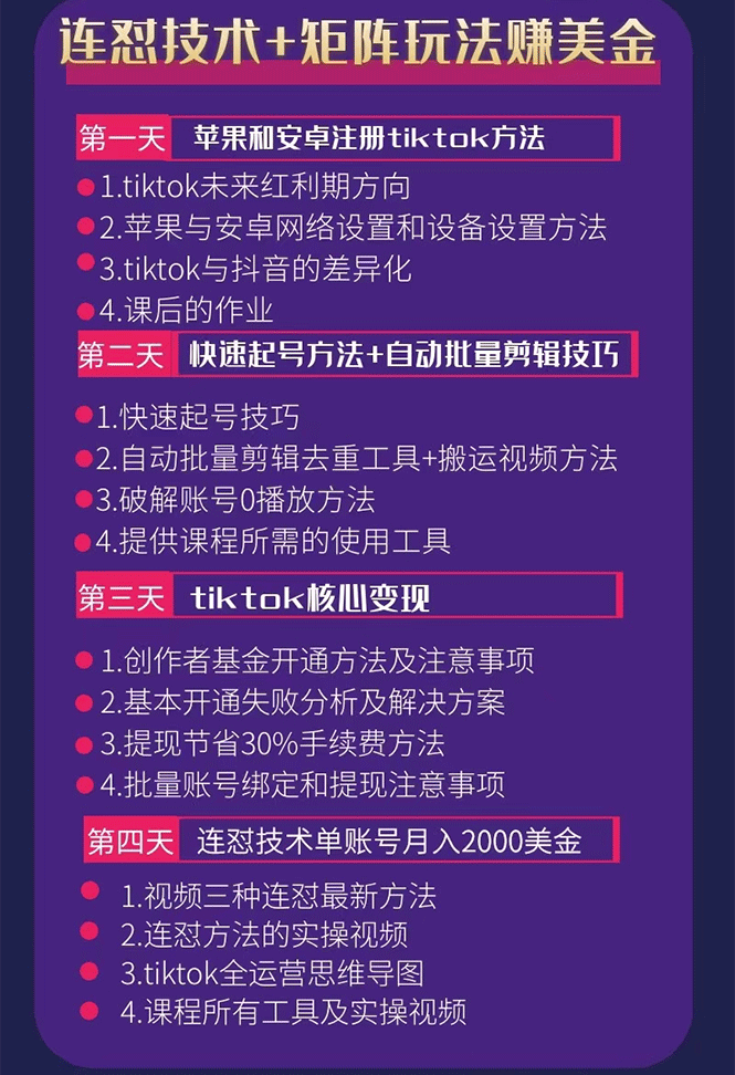 图片[2]-（1708期）tiktok变现四天实战班：连怼技术+矩阵玩法赚,单账号月入2000美金(实操视频)-副业城