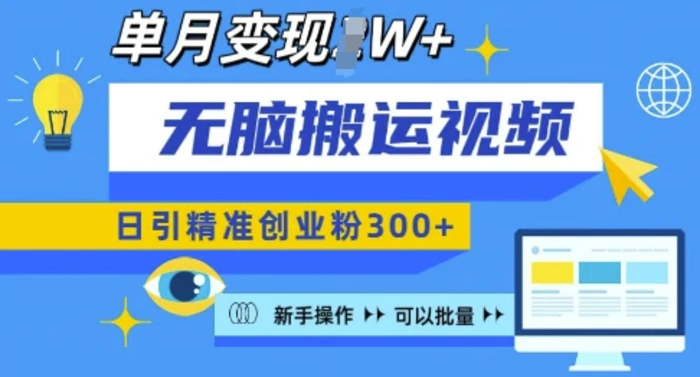 无脑搬运视频号可批量复制，新手即可操作，日引精准创业粉300+，月变现过W-副业网