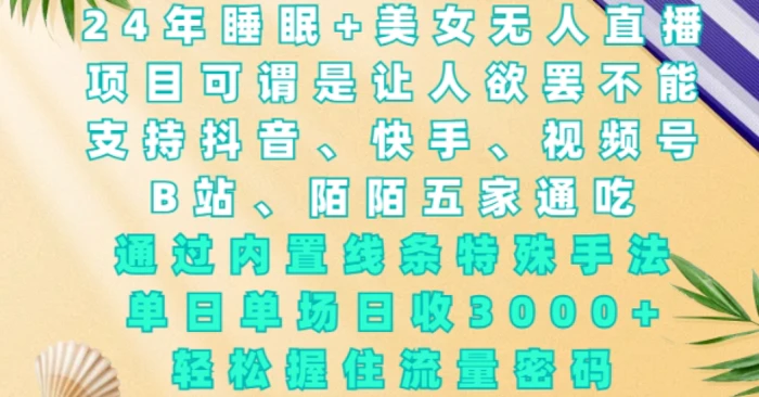 2024年睡眠+美女无人直播，通过内置线条特殊手法，单场日收3k+，轻松握住流量密码-副业网