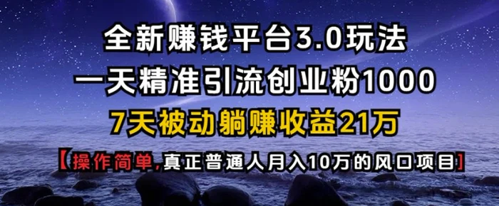 全新赚钱平台3.0玩法一天精准引流创业粉1000.7天被动躺Z收益21W【仅揭秘】-副业城