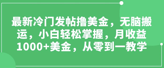 最新冷门发帖撸美金，无脑搬运，小白轻松掌握，月收益1000+美金，从零到一教学-副业城