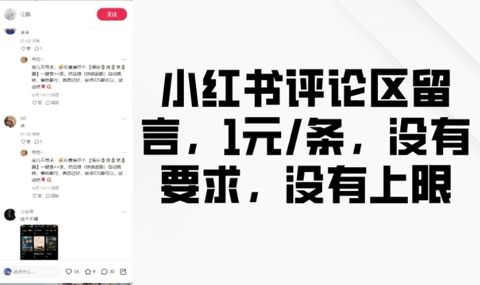 小红书评论区留言，1元条，没有要求，没有上限-副业网
