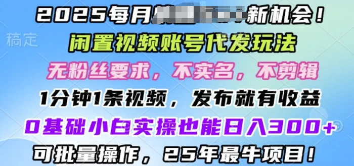 2025闲置视频账号一键代发玩法，0粉不实名不剪辑，领了视频直接发，0基础小白也能日入3张-副业城