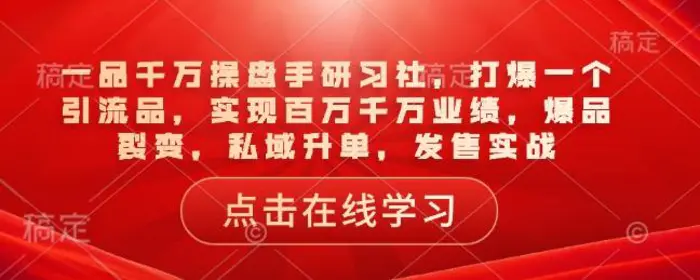 一品千万操盘手研习社，打爆一个引流品，实现百万千万业绩，爆品裂变，私域升单，发售实战-副业网