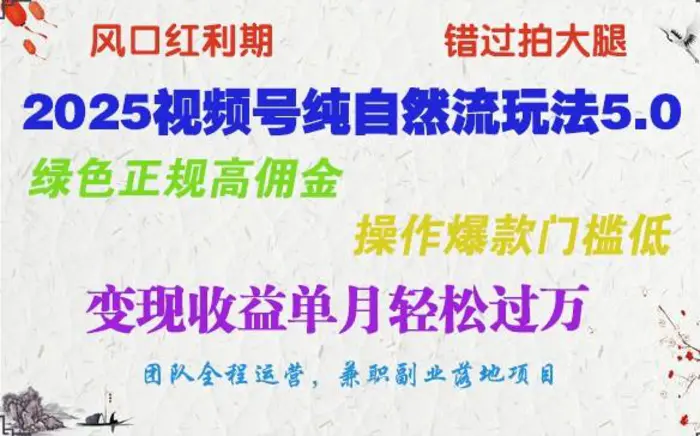2025视频号纯自然流玩法5.0，绿色正规高佣金，操作爆款门槛低，变现收益单月轻松过万-副业城