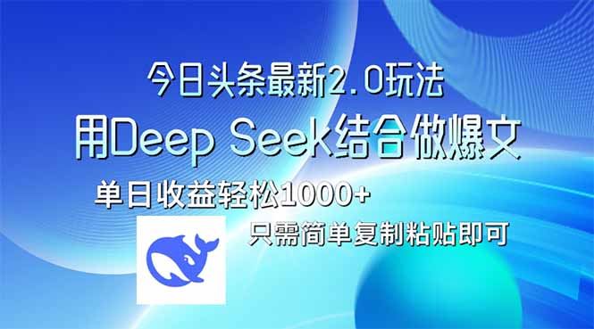 （14117期）今日头条最新2.0版本，用Deep Seek结合今日头条做爆文，单日收益轻松1000+-副业网