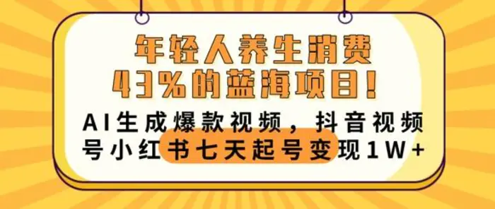 年轻人养生消费43%的蓝海项目，AI生成爆款视频，抖音视频号小红书七天起号变现1w-副业网