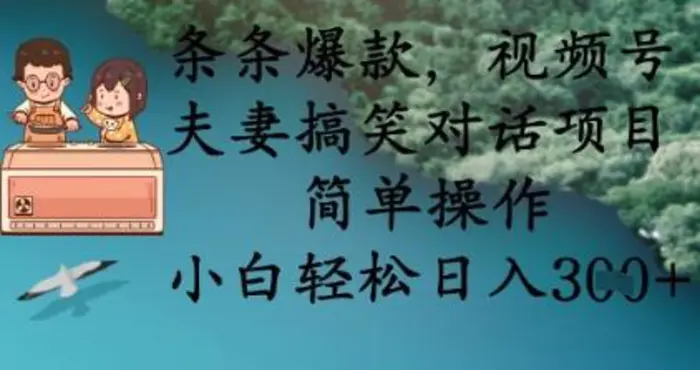 条条爆款，视频号夫妻搞笑对话项目，简单操作，小白轻松日入3张-副业网