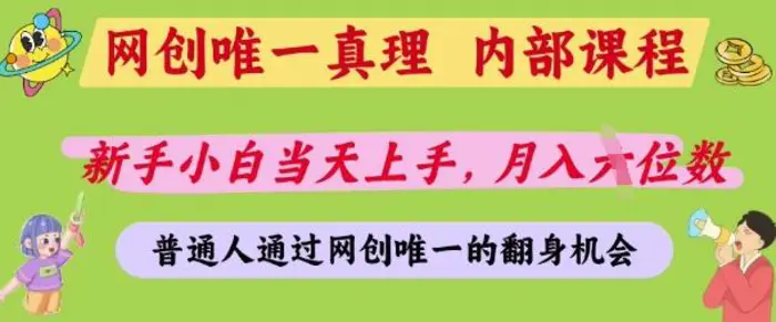 网创唯一真理，内部课程，新手小白当天上手，月入5位数，普通人通过网创唯一的机会-副业网