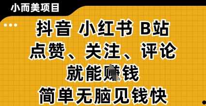 小而美的项目，抖音小红书B站视频点赞、关注、评论就能挣钱，简单无脑立见收益，妥妥的零撸项目-副业网