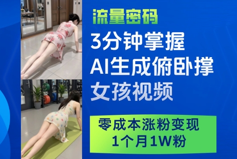 3分钟掌握AI生成俯卧撑女孩视频，零成本涨粉变现，1个月1W粉-副业城