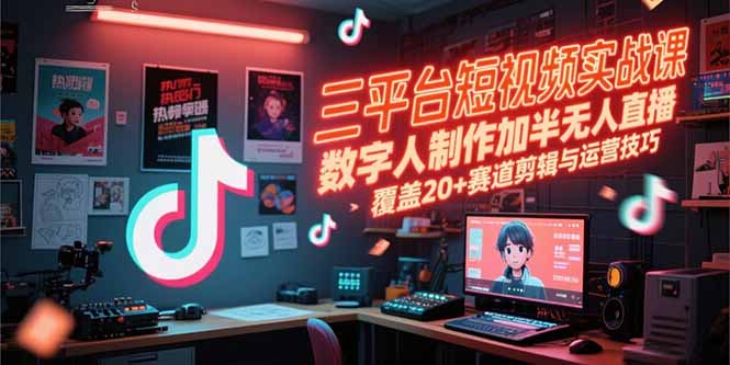 三平台短视频实战课，数字人制作加半无人直播，覆盖20+赛道剪辑与运营技巧-副业网